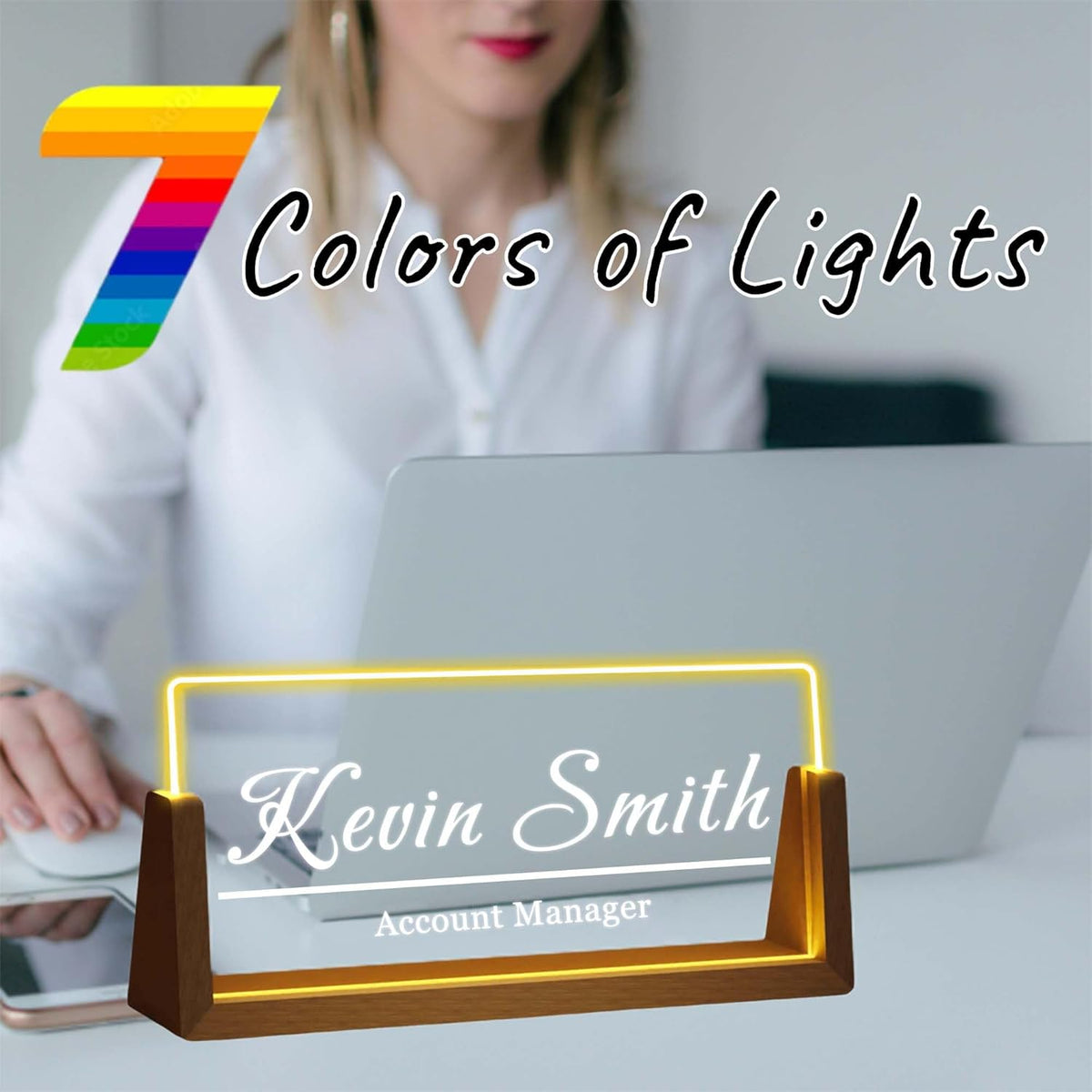 Personalized Desk Name Plate with LED Light & Wooden Base, Custom Acrylic Name Sign | Custom Office Decor & Appreciation Gifts for Boss Coworkers, New Job Promotion Gift (Style 5)