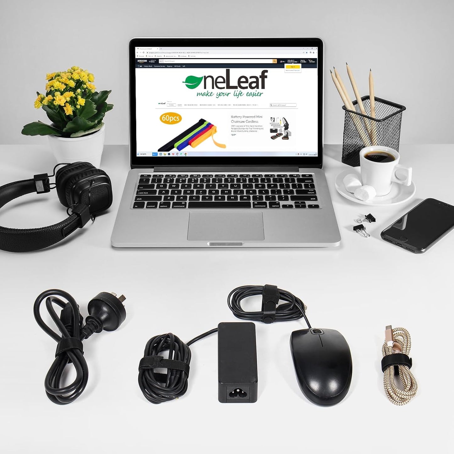 OneLeaf 80PCS Reusable Cable Ties, Black Adjustable 6-Inch Cord Organizer Ties, Multi-purpose Hook Loop Cable Management Wire Ties for Organizing Home, Office, Data Centers