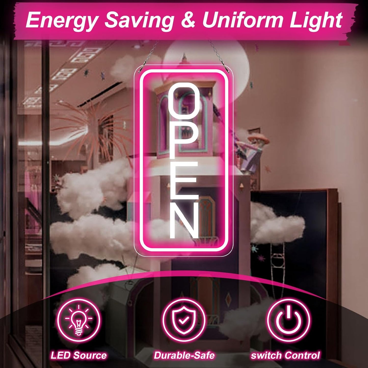 Neon Open Signs for Business, 16''x 9'' LED Open Sign, Super Bright Open Neon Sign (Pink&White), with ON/OFF Switch & Adapter, Neon Light Up Sign for Window Party Wall Door Coffee Club Hotel, Vertical