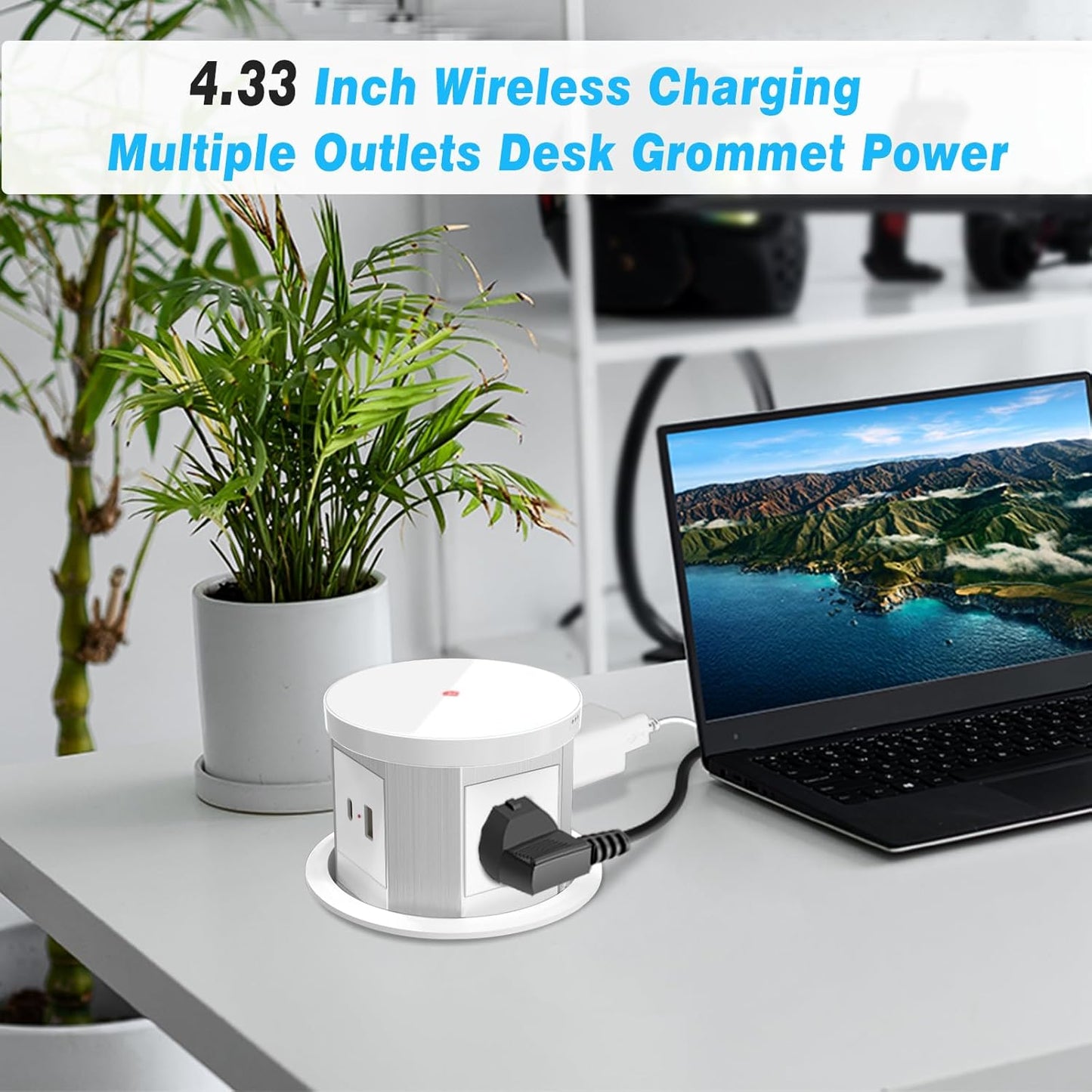Pop Up Outlet for Countertop 4.33-inch Automatic Pop Up Hidden Outlet Round Pop Up Electrical Outlet with 15W Wireless Charger 1 USB-A & 1 USB-C & 3AC Plug 5 FT Cord for Home Office Kitchen(White)
