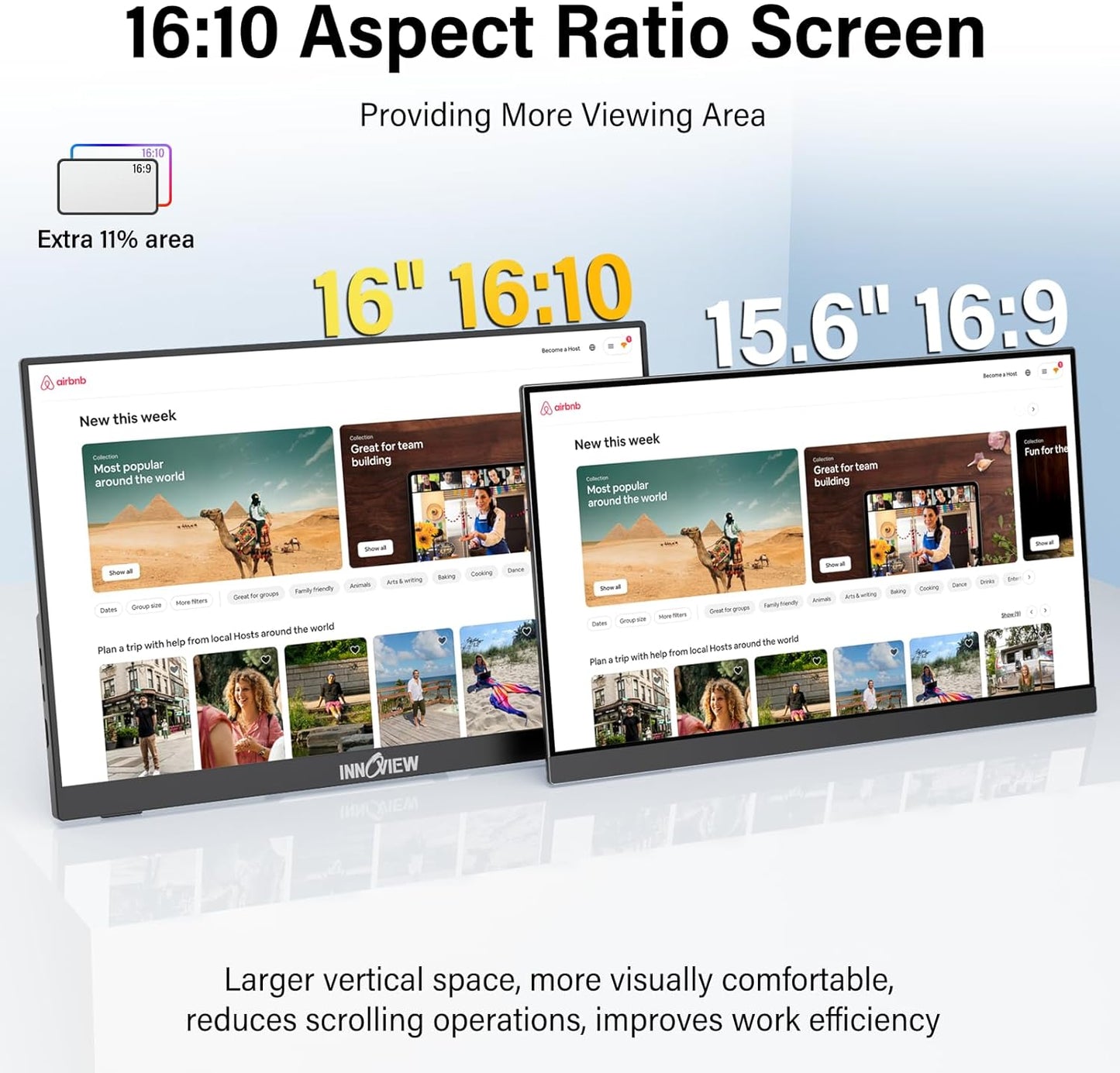 InnoView 16-inch 180Hz 100% sRGB Portable Monitor Built-in Speakers FHD1920×1200 Laptop Screen Extender | 2 x Type-C & HDMI 16:10 Portable Monitor Plug & Play for Macbook/Switch/PS5/Xbox