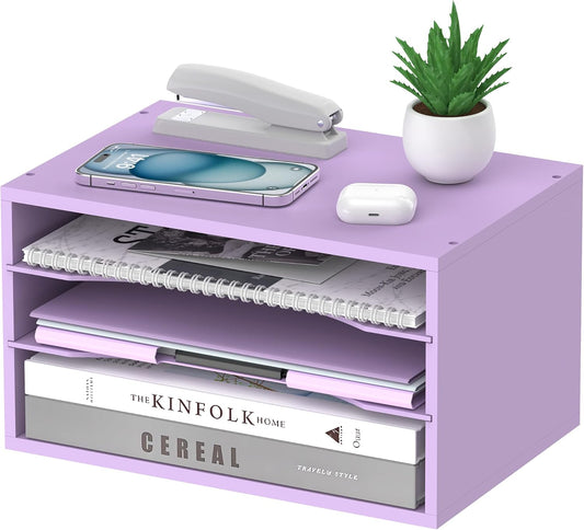 Wood Desk Organizer, 3 Tier Paper Tray Organizer for Desk with Adjustable Storage Shelves, Desktop Paper Sorter Mail Holder for Office Home Classroom, Purple