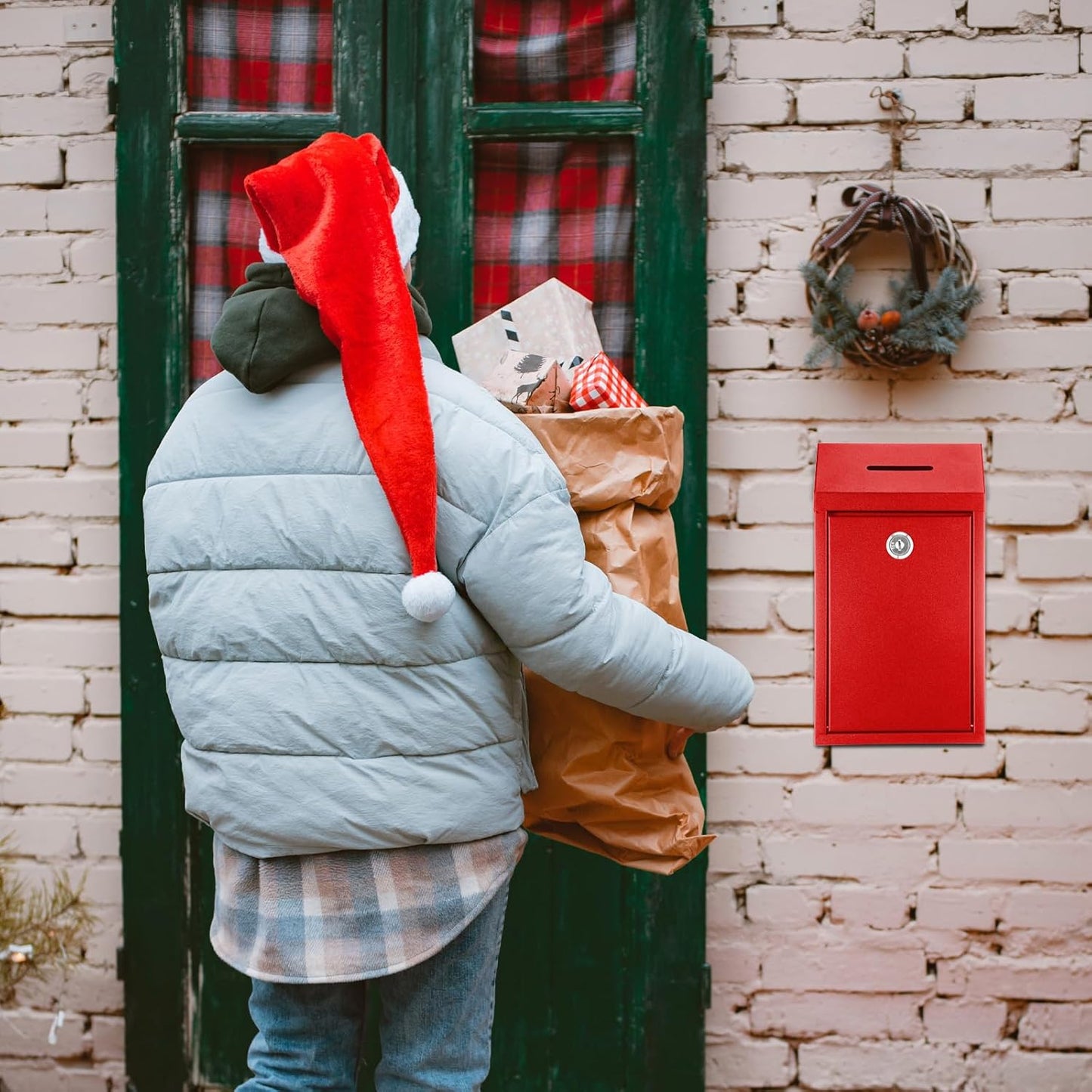 2 Pack Metal Suggestion Boxes with Lock Keys Ballot Donation Boxes with Slot for Fundraising Wall Mounted Mailbox Delivery Container for Home Office Outdoor Door, 10.2x5.7x2.95in(Red, Green)