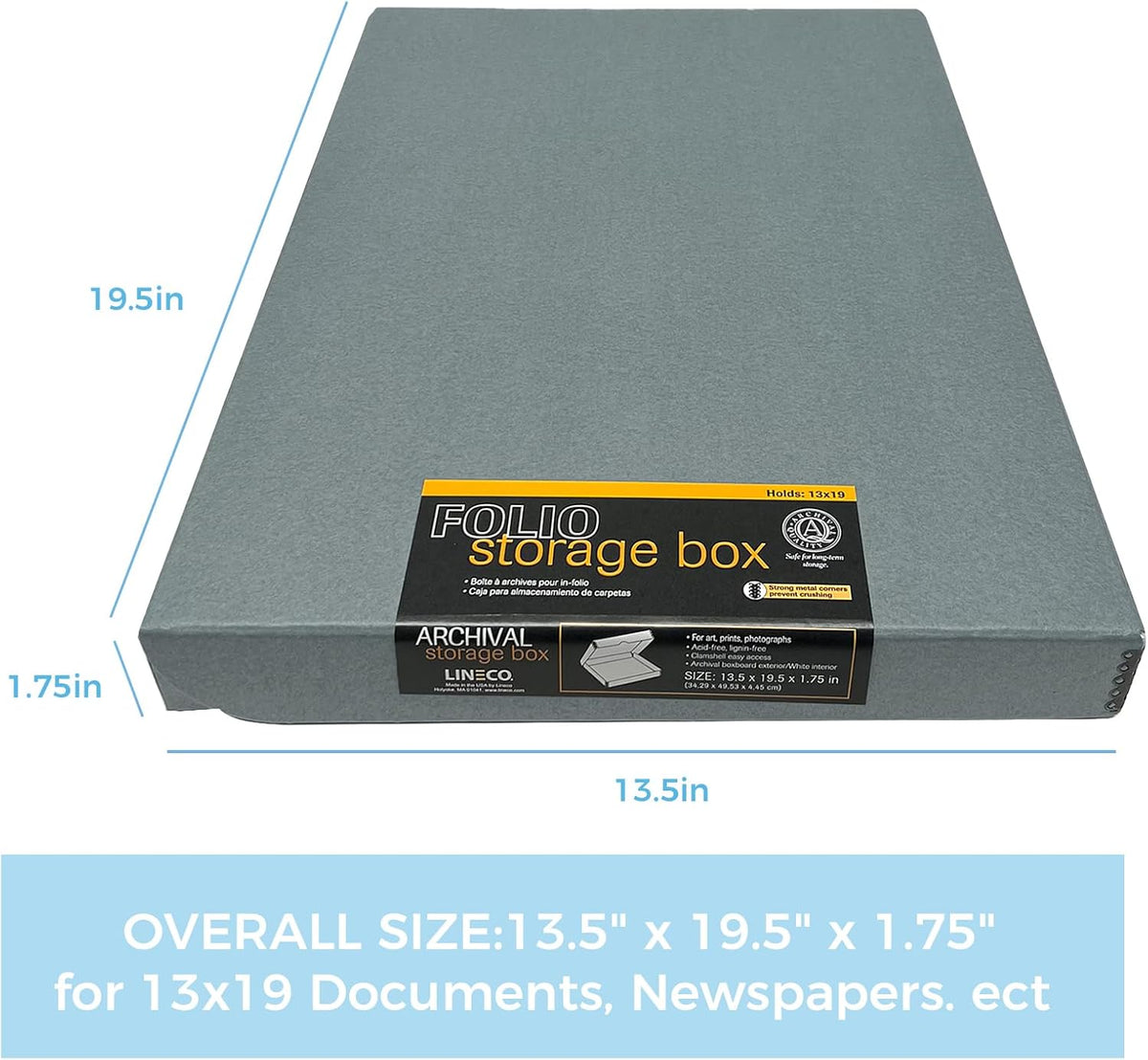 Lineco Folio Storage Box, Clamshell Design with Metal Edge. 13.5x19.5x1.75 Inches, Archival Boxboard, Preserve Photos, Cards, Magazines, Documents, Art, Ephemera, Family Records, Gray, Pack of 1