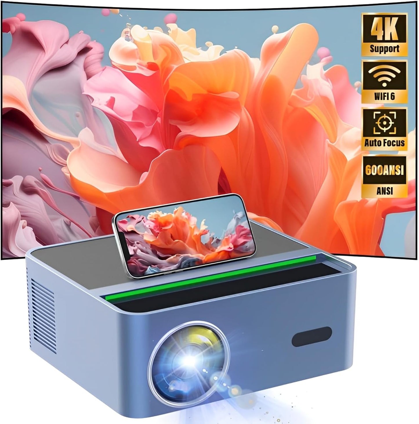 [600ANSI & Auto Focus]4K Home Theater Projector with WiFi and Bluetooth, Native 1080P Movie Projector for Indoor/Outdoor, Auto Keystone & 50% Zoom, Smart Projector for Smartphone/Laptop/USB