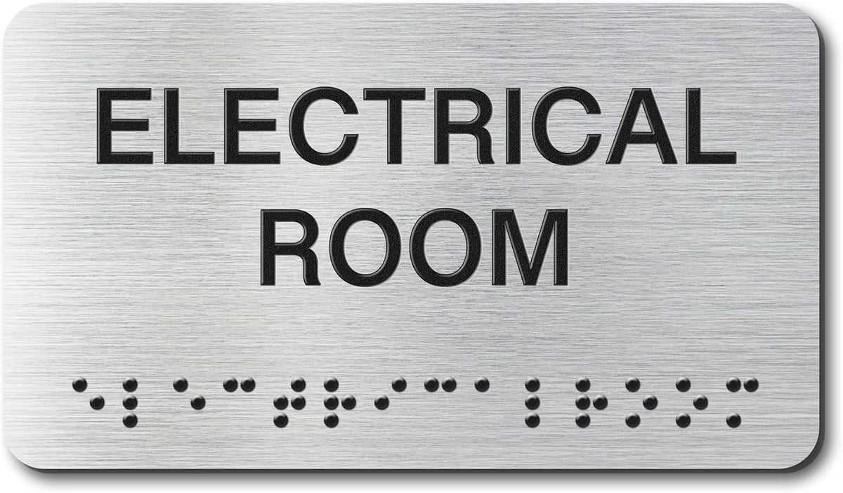 ELECTRICAL ROOM Signs with Raised Text & Grade 2 Braille, Brushed Aluminum/Silver Finish Easy Install with Double-Sided Tape, ADA Compliant Elevator Room Door Sign for Businesses & Offices