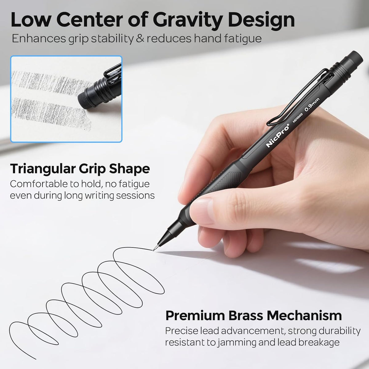 Nicpro Art Mechanical Pencil 0.9mm with Case, 3PCS HD1000 Hevey Duty Lead Pencils With 6 Tube HB 0.9 Lead Refill, Eraser, Weatherproof Barrel Pencil Set for Outdoor Writing Drafting Drawing Sketching