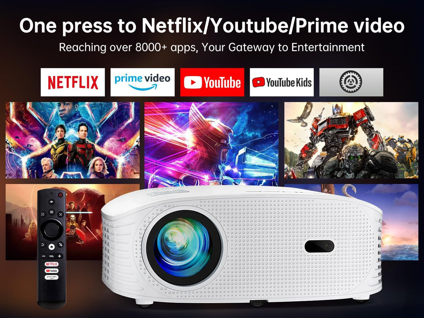 GooDee Smart 1080P Projector - Video Projector with WiFi and Bluetooth, Movie Outdoor Projector for Home Theater Dolby Audio Zoom Portable Projector TV Stick, Netflix/Amazn Prime Video Certified