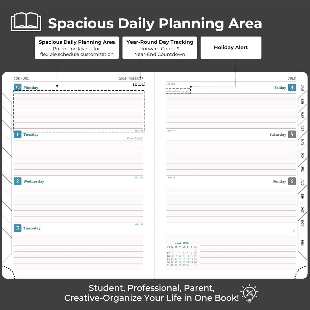 Planner 2025-2026 Daily Weekly and Monthly,8.5"x6.5",18 Months Spiral Bound Calendar Agenda with Self-adhesive Pen Holder,2026 Academic Plan with Vegan Leather Soft Cover,Black