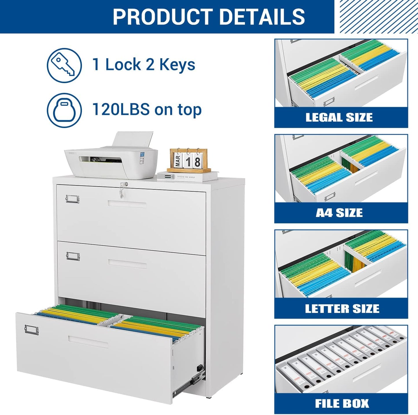 Lateral File Cabinet with Lock, 3 Drawer Large Metal Filing Cabinet,Home Office Lockable Storage Cabinet for Hanging Files Letter/Legal/F4/A4 Size-Assembly Required