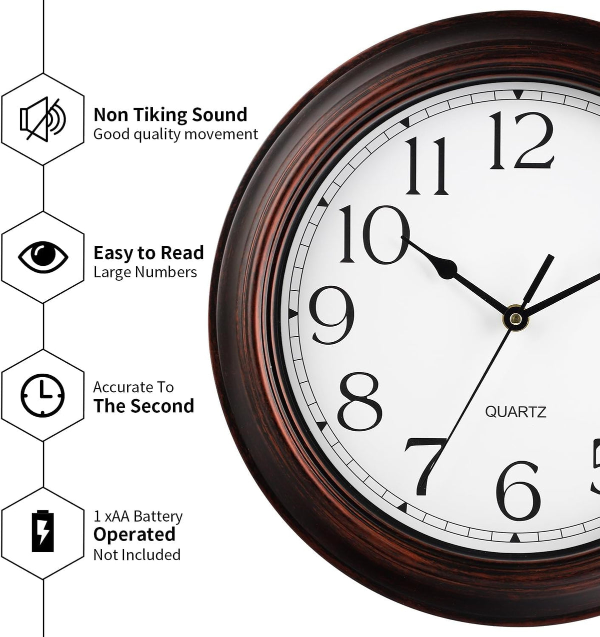 12 Inch Wall Clocks Battery Operated Silent Non-Ticking Wall Clock Vintage Retro Rustic Style Decorative for Living Room Kitchen (Bronze)