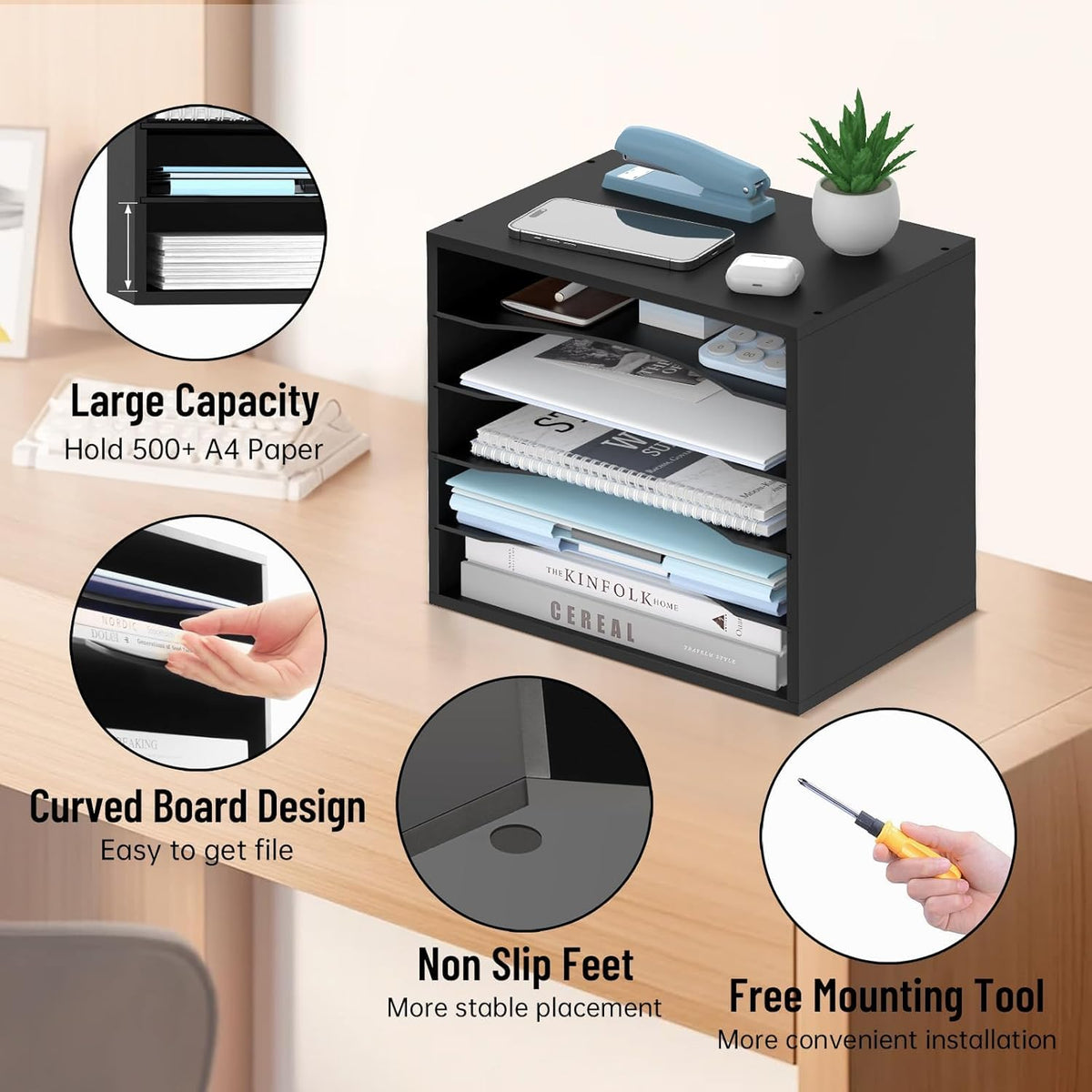5-Tier Wood Desk Organizer, Paper Tray Organizer for Desk with Adjustable Storage Shelves, Desktop Paper Sorter Mail Holder for Office Home Classroom, Black