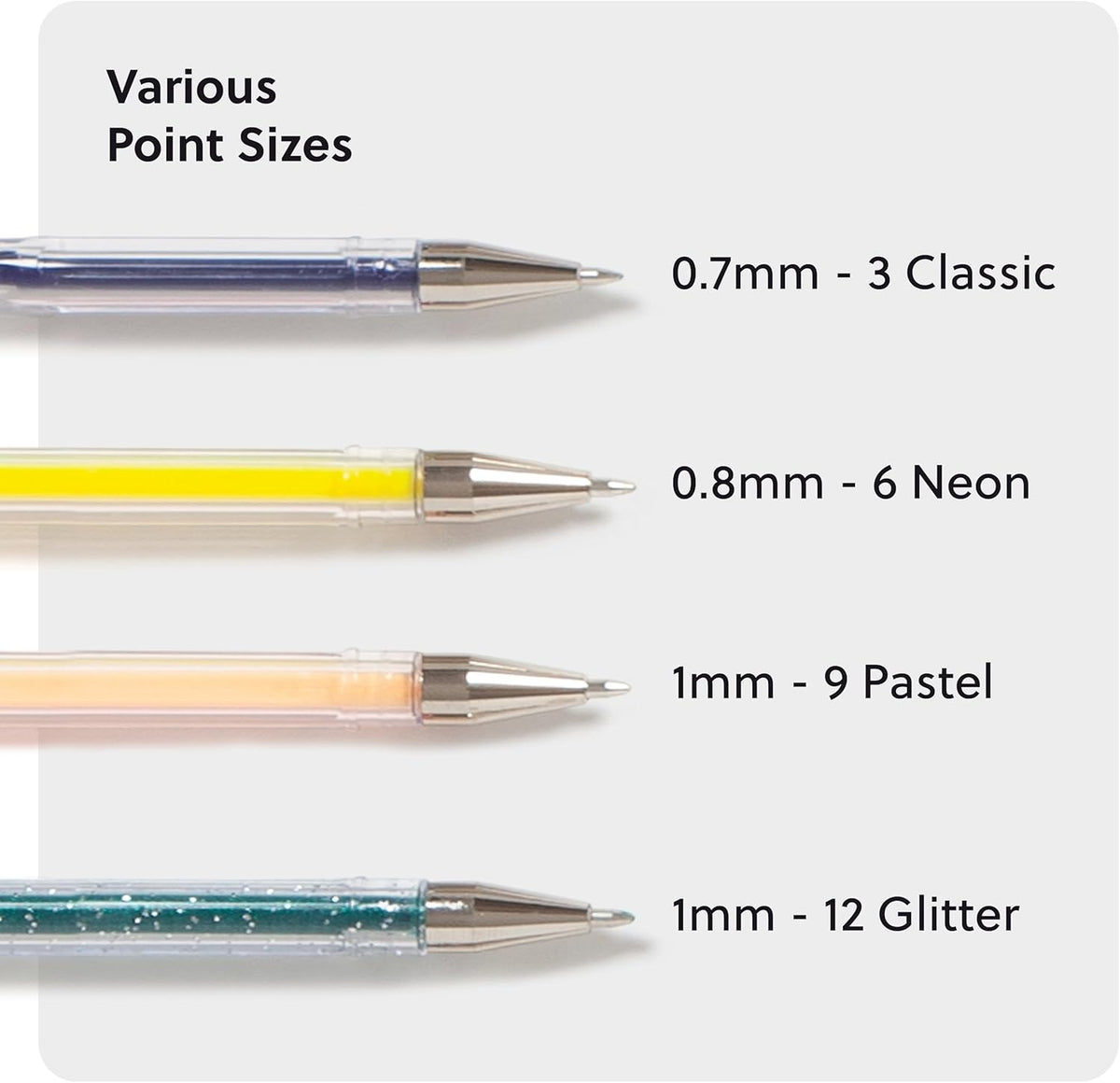 U Brands Metallic Gel Pens, Set of 30, Assorted Point Sizes, Glitter, Pastel, Neon and Classic Assorted Colors