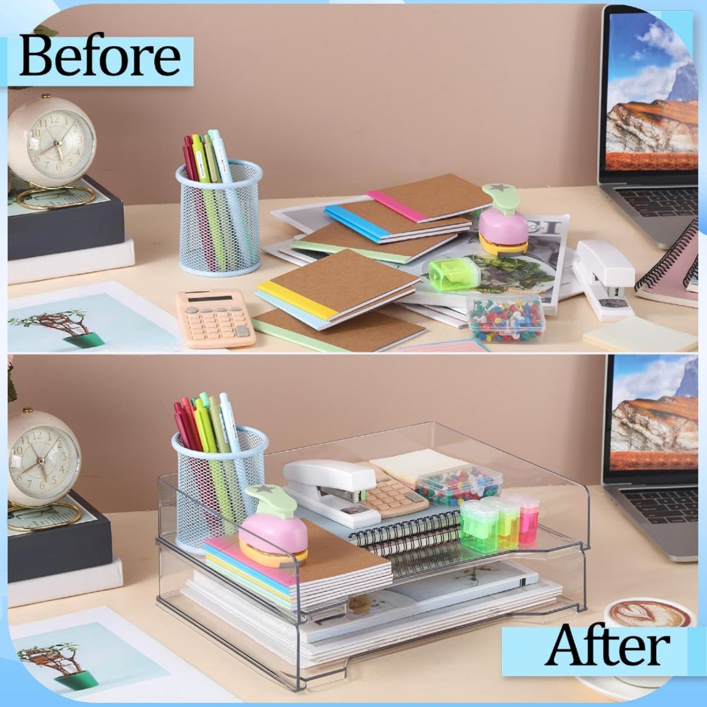 2 Pcs Stackable Letter Tray Rectangular Plastic Desk Organizer 13 x 9.5 x 2.6 in Paper Holder File Tray Accessories Rack for Desktop Office Desk Drawers (Clear)