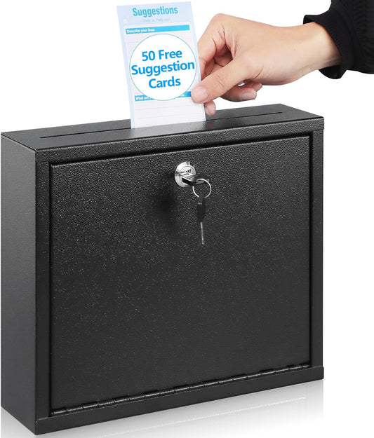 KYODOLED Suggestion Box with Lock and Slot, Wall Mounted Small Mailbox for Office, Key Drop Box with 50 Free Suggestion Cards, Safe Lock Box, Ballot Box, Donation Box, 3W x 10H x 12L Inch, Black