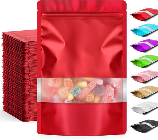 Funfery 100 Pcs Smell Proof Packaging Bags,Mylar Clear Bags for Food Storage,Sealable Bag for Packaging,Stand Up Pouches with Window,ReSealable Bag for Small Business,Cookies,Candy(Red,4x6in)