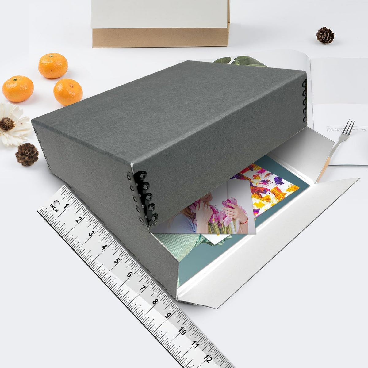Lineco Museum Archival Storage Box, 8.75x10.75x3 in. Drop Front Design. Acid-Free with Metal Edge. Organize Photos, Pictures, Prints, Documents, Crafts, DIY. Gray, 2 Pack