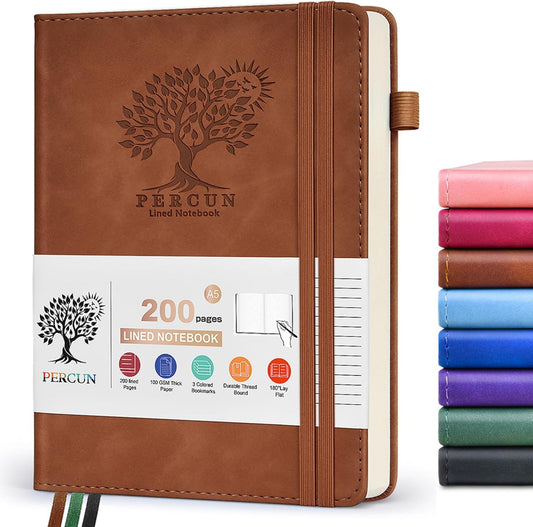 Lined Journal Notebook for Men & Women,200 Pages A5 Hardcover Leather Notebook (5.9"x8.5"), Travel Journal for Work, School, Business Writing, Note Taking, Notepad Diary (Brown)