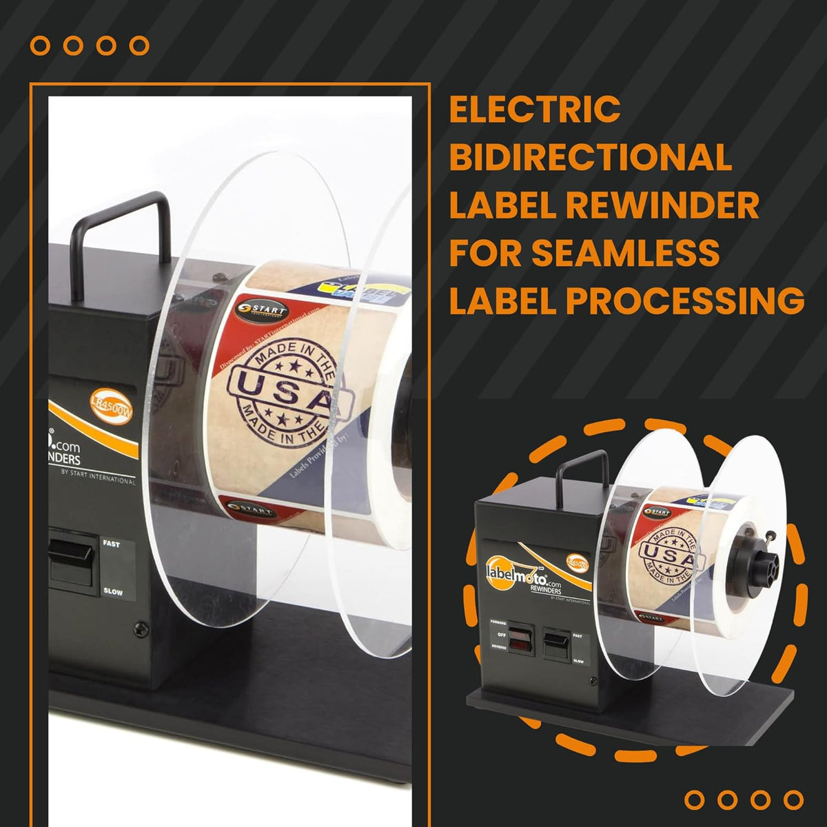 Start International - Rewinder - Electric Label Rewinder Machine for Thermal Printers - Bidirectional Label Winder - 9 Inch Roll Capacity & Dual Core 1.25 3 Inch
