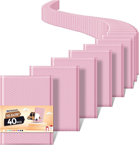 Metronic 40 Pack Bubble Mailers 10.5x16 ", Light Pink, Strong Adhesion Bubble Envelope, WaterProof #5 for Small Businesses, Bubble Mailers Usable Size 10.5x15