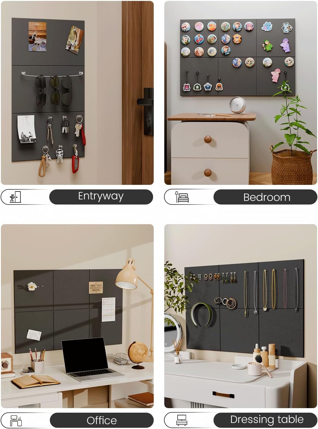 Felt Bulletin Board Tiles -28"x18" Cork Board Alternative for Office Decor, Push Pin Board Wall Organizer 6-Pack - Charcoal Gray