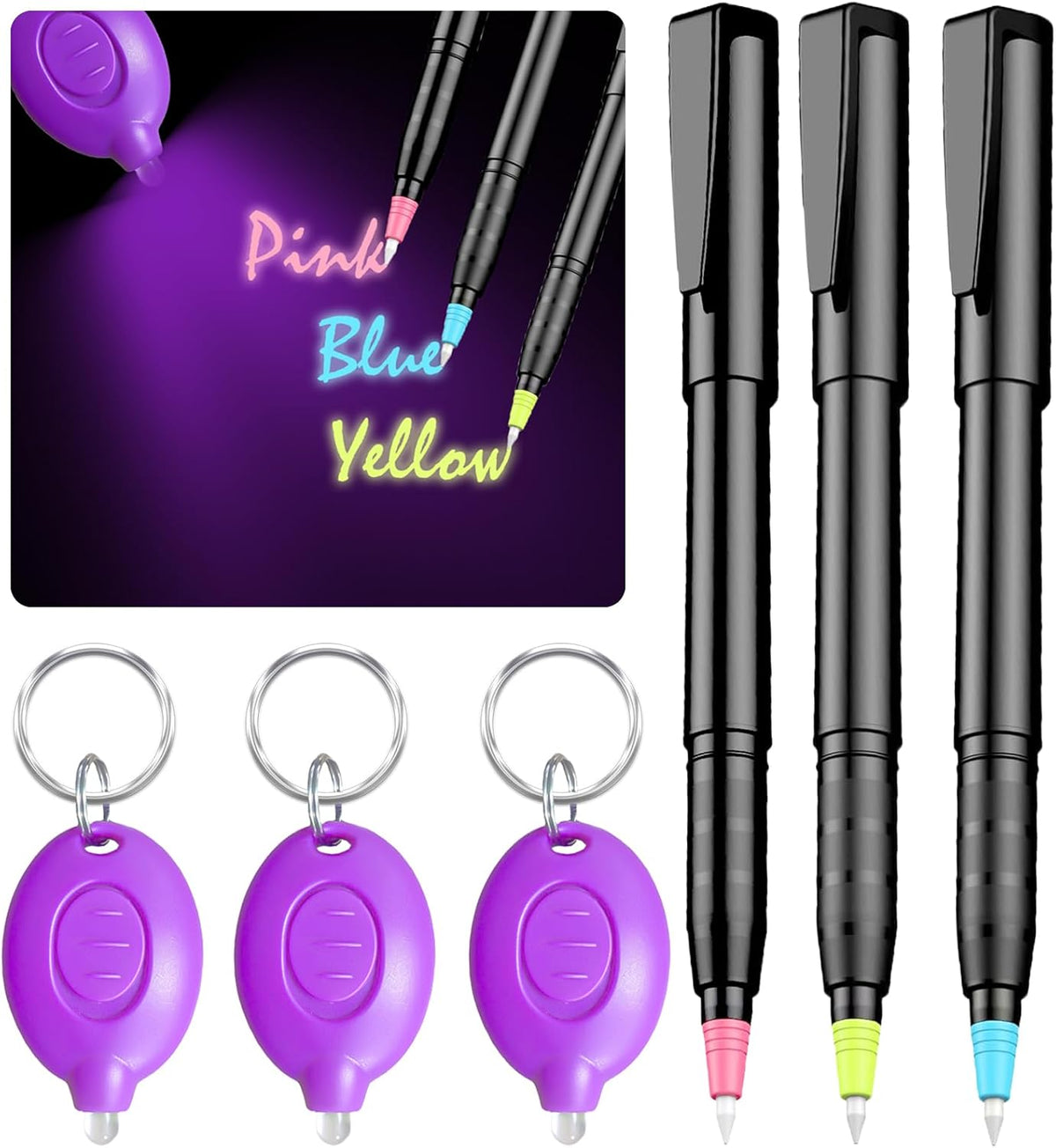 Invisible Ink Pens with UV Light, Magic Spy Pens with Mini UV LED Keychain Flashlights for Secret Messages, Disappearing Ink Pens with Black Light for Kids, Ideal (3PCS)