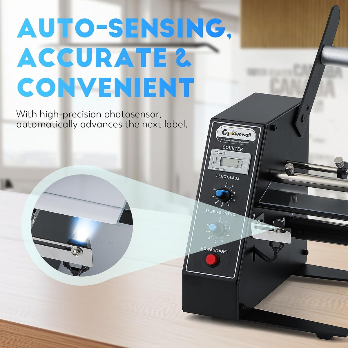 CGOLDENWALL Automatic Label Dispenser Sticker Roll Dispenser for Logistics Office Home, 1-8m/min Speed Adjustable, Length 0.12-5.9" Width 0.16-5.5", Auto Sensing&Counting, Max Roll Dia. 9.8"