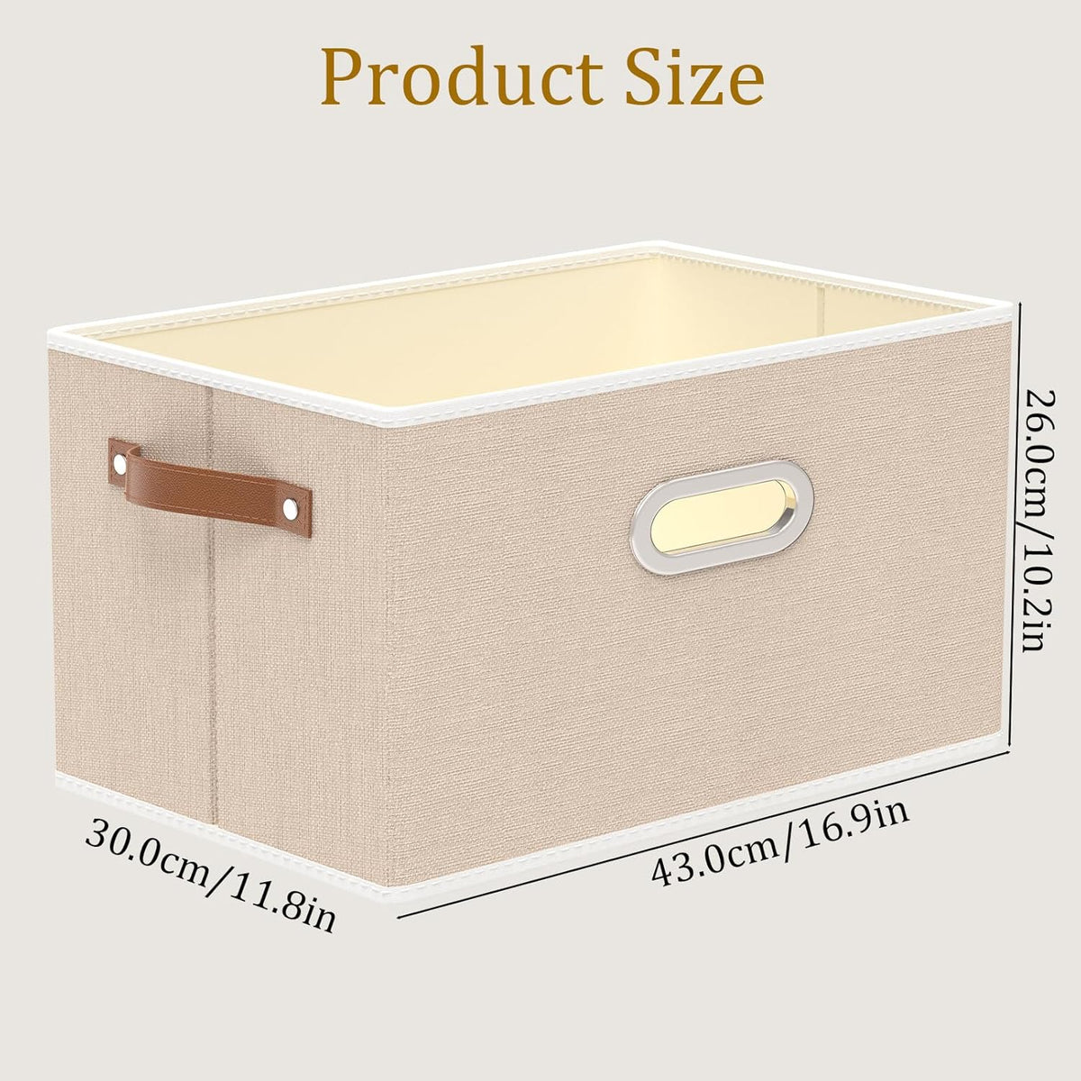 Yawinhe Fabric Storage Bins with Handles, Foldable Baskets for Shelves, Cubes with 3 Handles, Large Boxes for Clothes, Beige, 16.9''Lx11.8''Wx10.2''H, 6-Pack