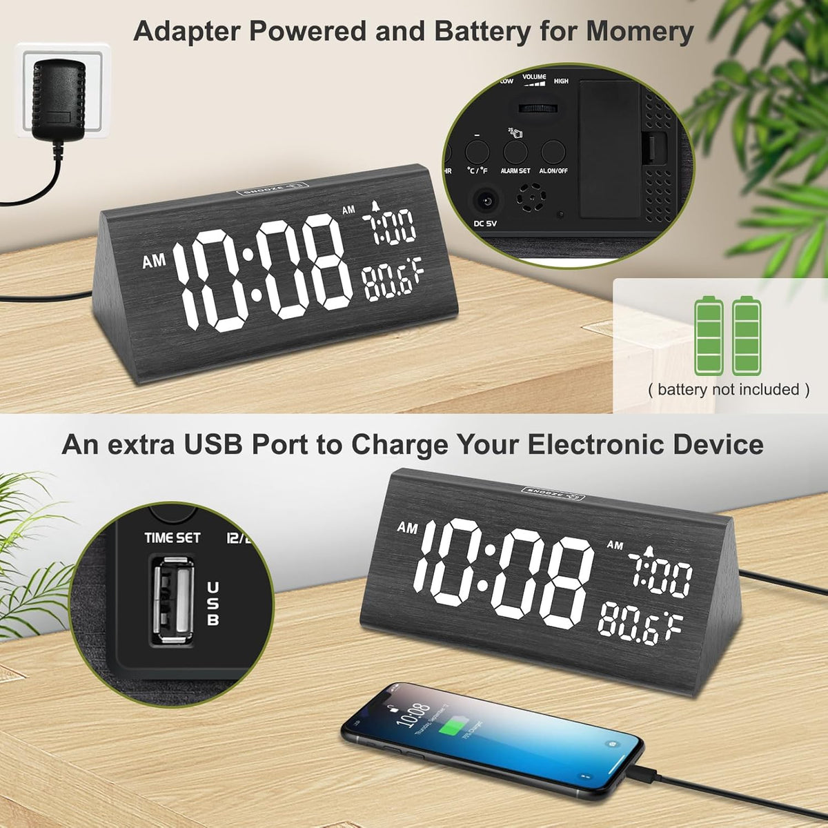 DreamSky Wooden Digital Alarm Clock for Bedroom - 7.7" Electric Clocks with USB Port, Large Numbers, Temperature, 0-100% Brightness Dimmer, Adjustable Alarm Volume, Snooze, 12/24H