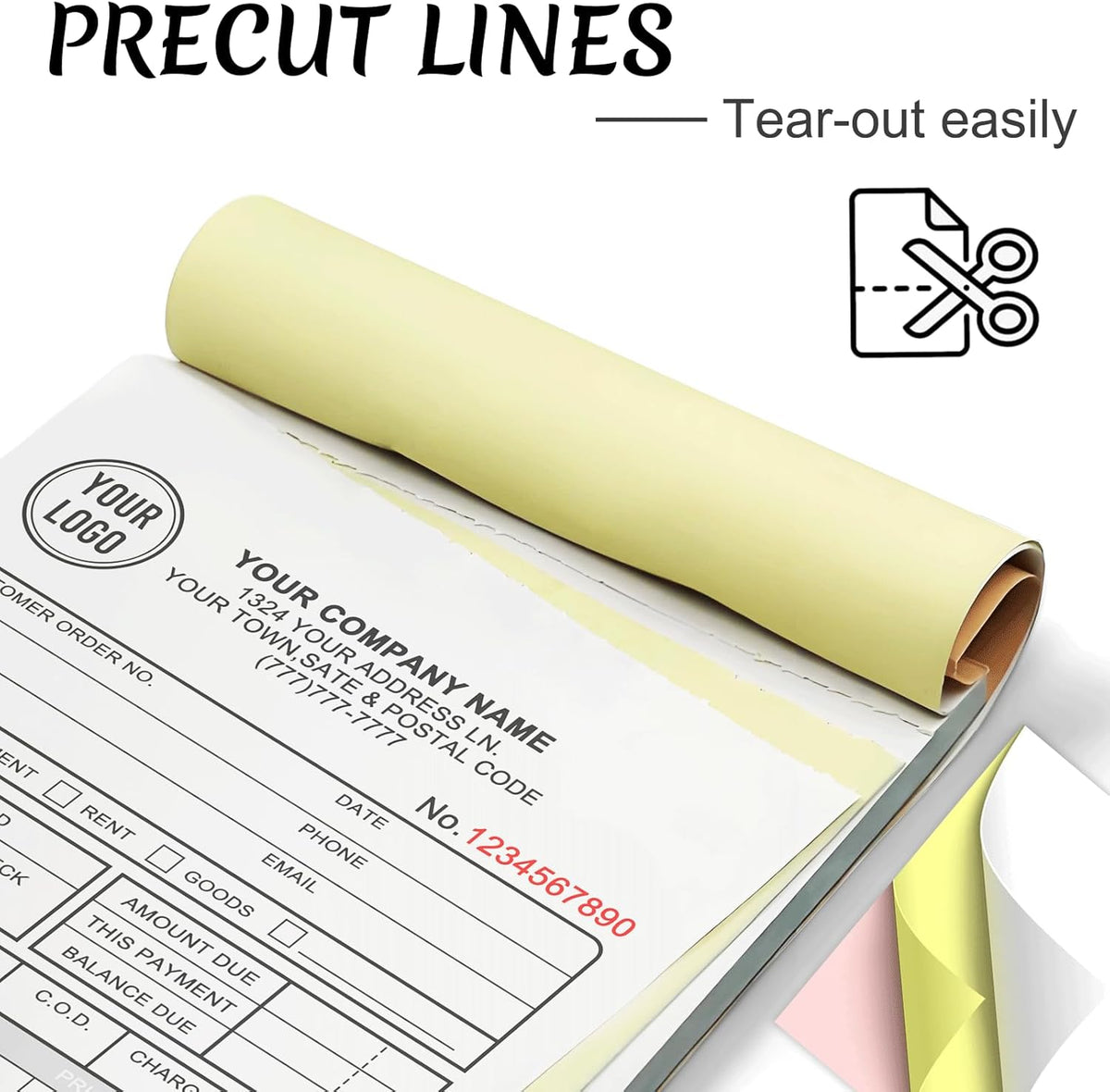 Custom Invoices Receipt Book for Small Business Personalized 2-Part Duplicate Carbonless Logo Receipt Books Sales Payment Forms with Company Name Address Phone Number 100 Sets 4.25" x 7"
