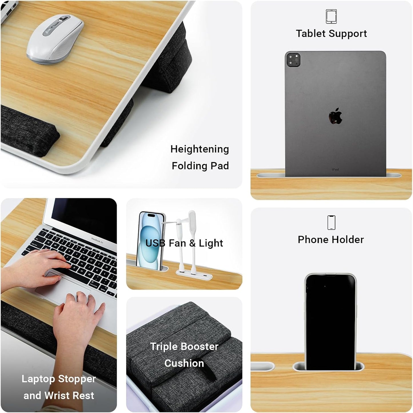Lap Desk for Laptop with Cushion,Folding Laptop Desk for Bed with USB,Bed Desk,Portable Computer Lap Desk,23.62"*15.74",Wood
