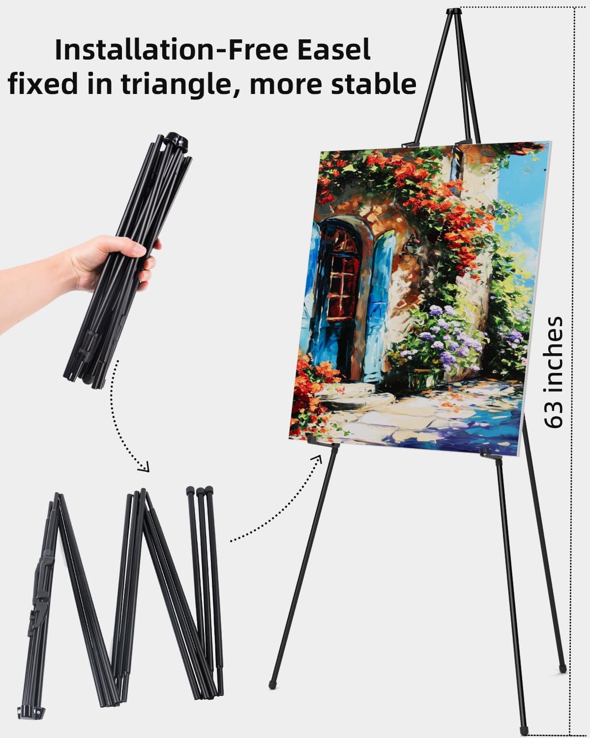 Nicpro Black Easel Stand for Sign, 8 Pack 63" Metal Portable Adjustable Collapsible Easels for Display, Painting, Poster, Wedding Sign with Carry Bag