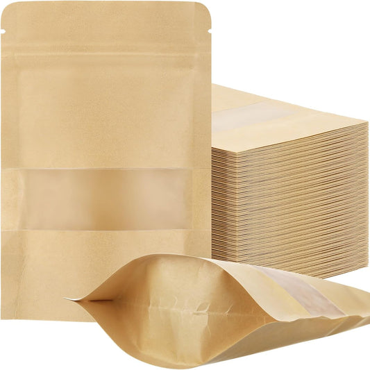 Geosar 300 pcs Kraft Bags with Window 6 x 9 Inch Kraft Stand Pouches Bulk Zipper Paper Pouches Food Storage Reusable Heat Sealable Bags for Packaging Home Office Business