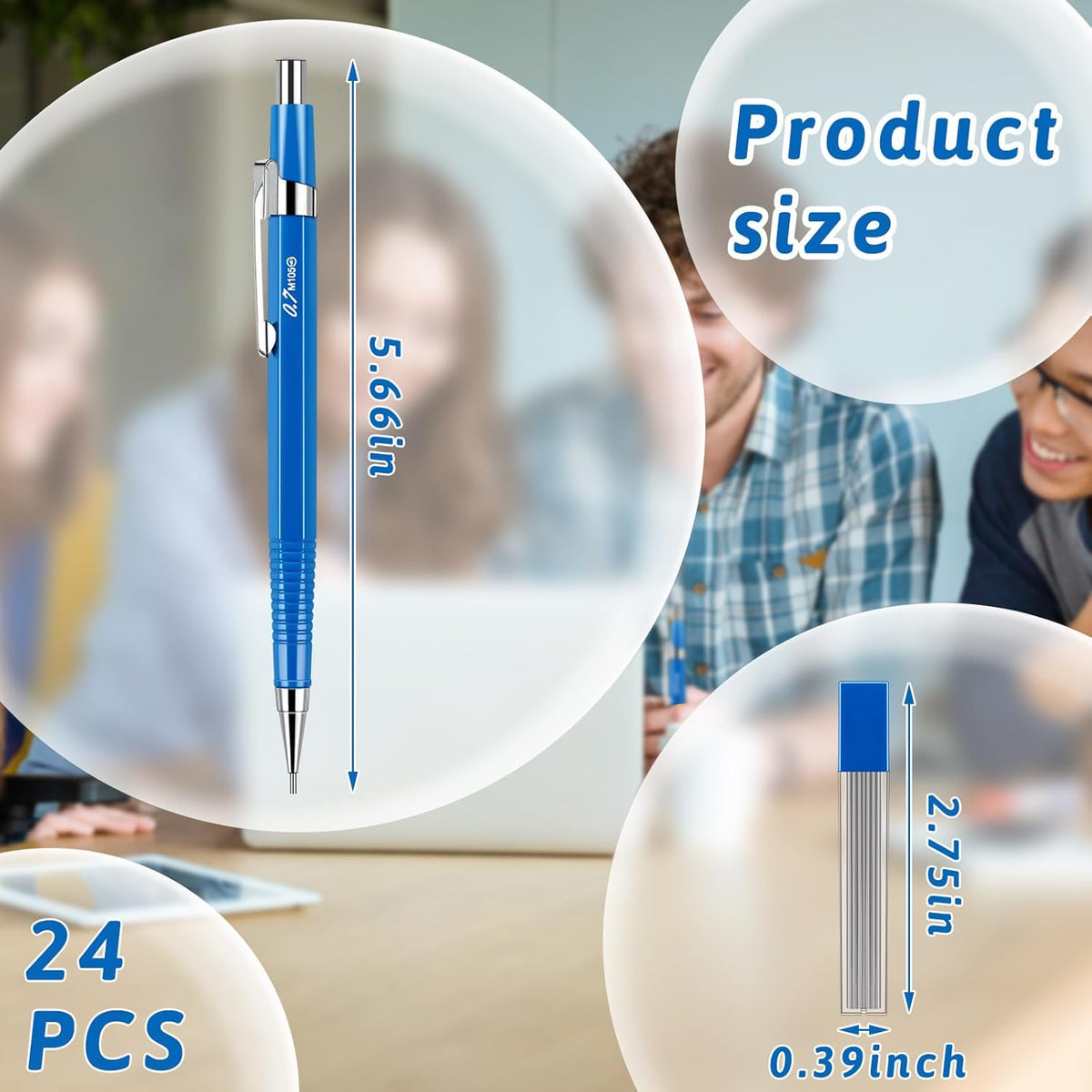 Gueevin 24 Pcs Mechanical Pencil Metal Penpoint Mechanical Pencil Retractable Automatic Drafting Pencils Refills for Writing Drawing Signature (0.7mm,Blue)