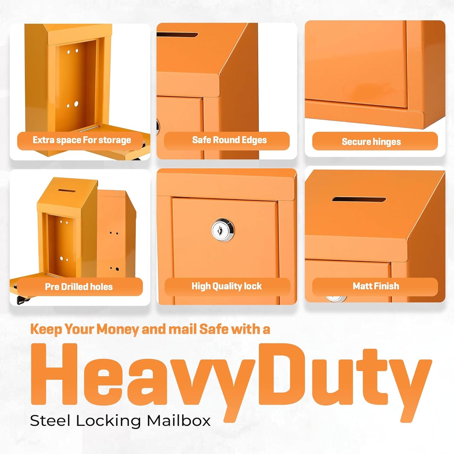 Metal Donation Box-Suggestion Box with Slot and lock-Cash Lock box for Money-Secure Drop Box-Comment and ballot voting box-comes with pre-drilled holes for easy wall mounting 10 X 6 X 2.5"(Orange)