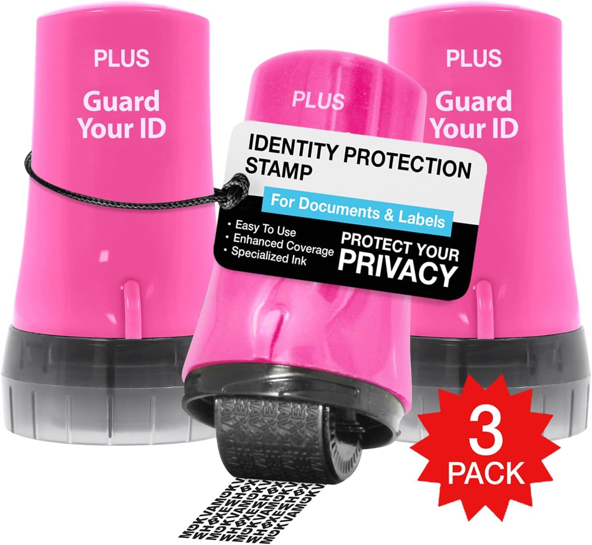 Guard Your ID Advanced 2.0 Rollers Identity Privacy Marker for Blocking Out Address, Private, Prescription Information (Regular 3-Pack, Pink)