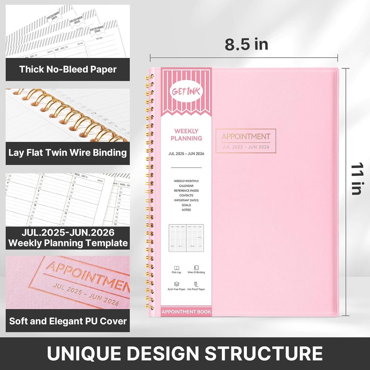 GETINK Appointment Book 2025-2026 Weekly Daily Hourly Planner 8.5"x11" Spiral Bound, Jul. 2025 - Jun. 2026, Laredule Appointment Planner 2025 with 15-Minute Increments, Flexible Cover, Pink