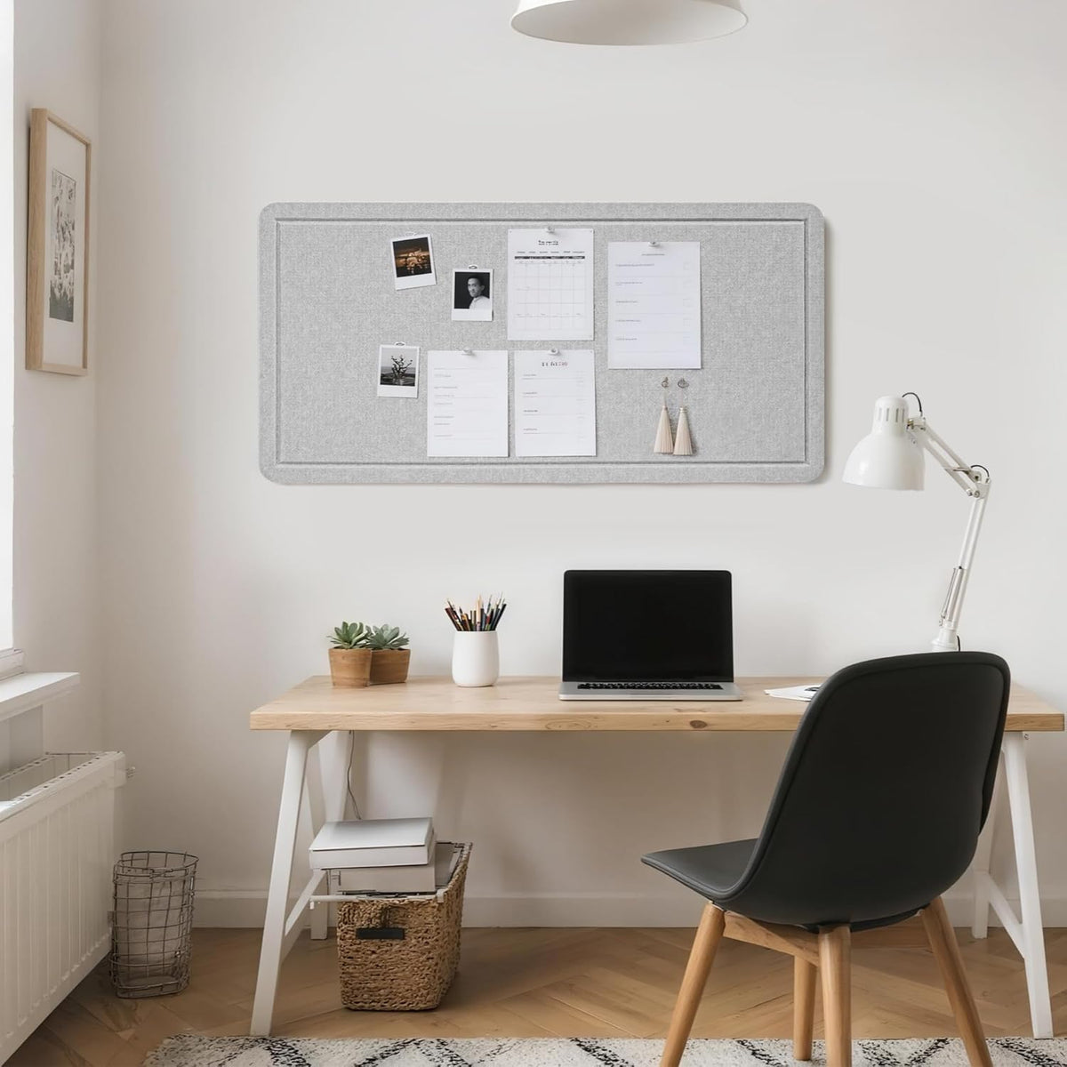 Bulletin Board, 35 x 17 1/2 inches Felt Board - Decorative Pin Board, Cork Board Alternative for Wall, Foldable Picture Board Self-Adhesive Vision Board Prayer Board with 20 Pushpins - Light Gray