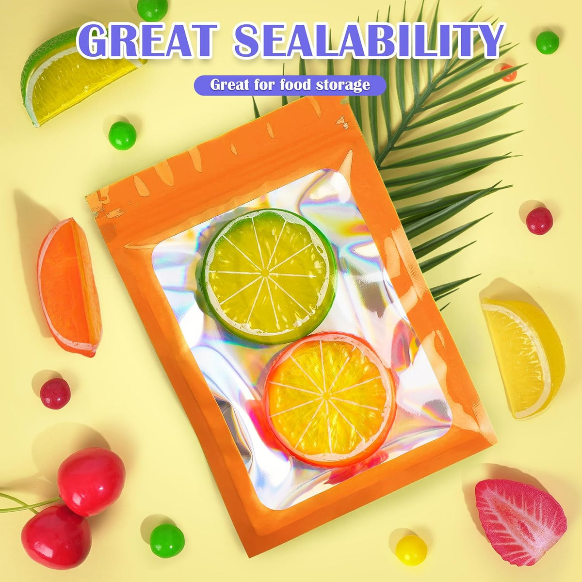300 Pcs Mylar Bags, Smell Proof Bags Foil Pouch, Holographic Resealable Bags for Small Business, Candy Sample Jewelry Bag Sealable Packaging for Party Favor Food Storage (3x5in-Orange)