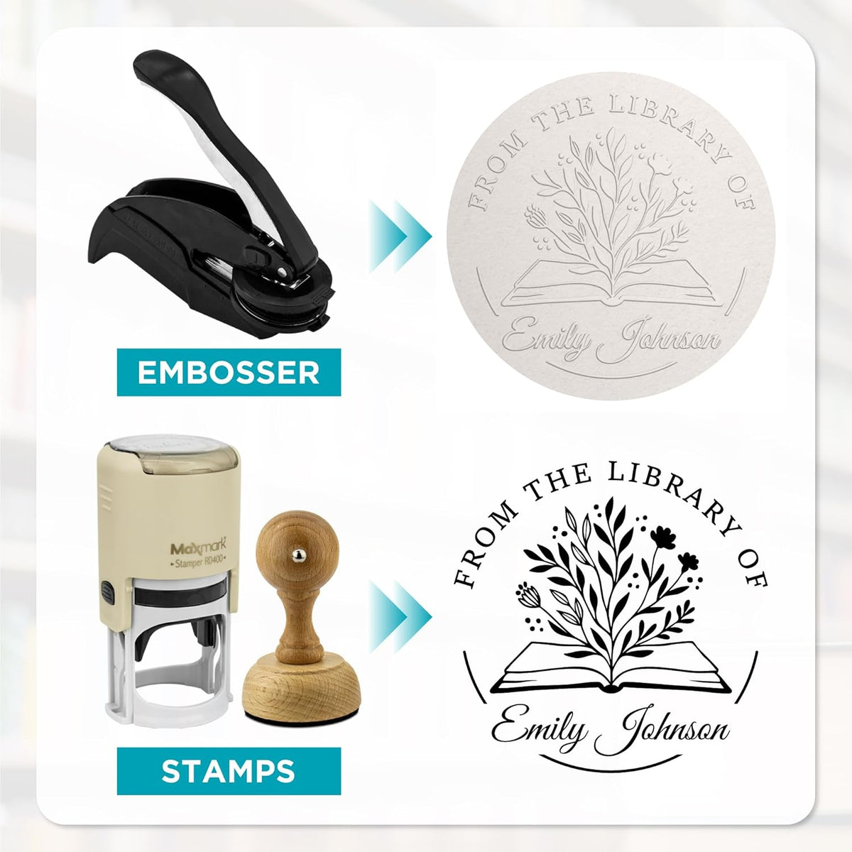 Custom Library Embosser - Style 112 - Embosser, Wood Stamp or Self Inking Stamp - Book Embosser Includes 50 Gold Seals - Custom Stamp Seal from The Library of