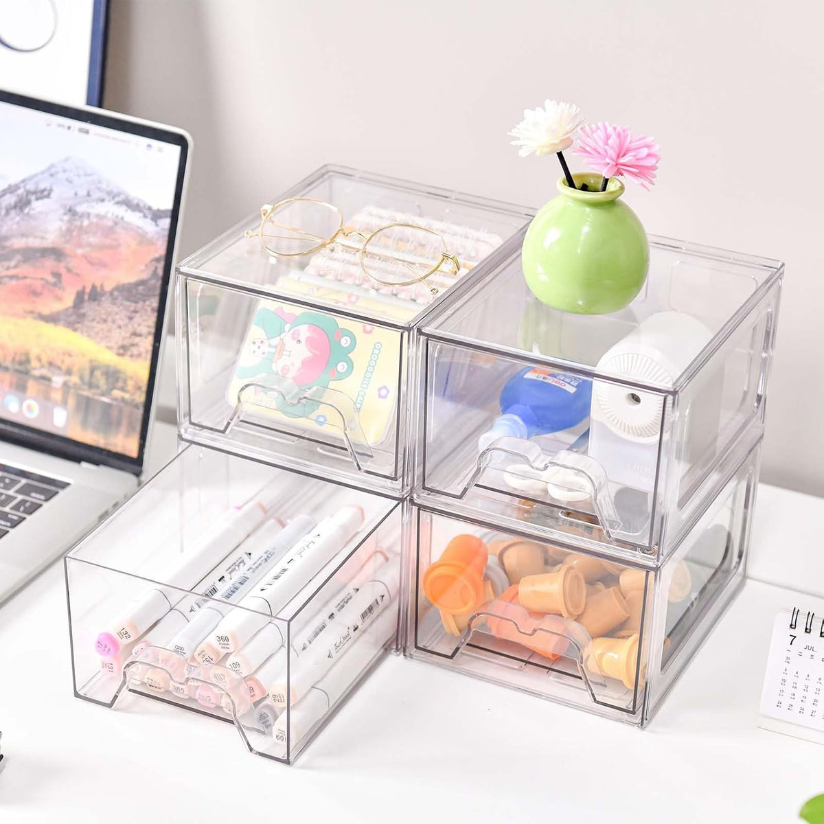 4 Pack Stackable Makeup Organizer, 4.4'' Tall Acrylic Bathroom Makeup Organizer and Storage Drawer with Pull-out Handle, Clear Plastic Storage Bins for Vanity,Pantry,Desk,Undersink,Kitchen