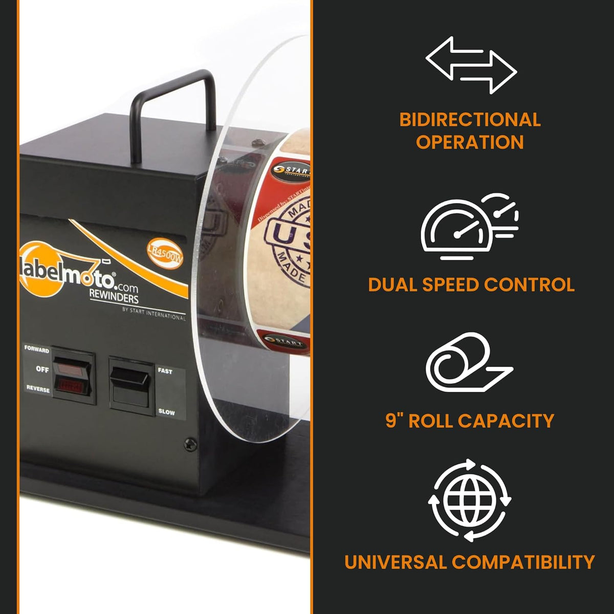 Start International - Rewinder - Electric Label Rewinder Machine for Thermal Printers - Bidirectional Label Winder - 9 Inch Roll Capacity & Dual Core 1.25 3 Inch