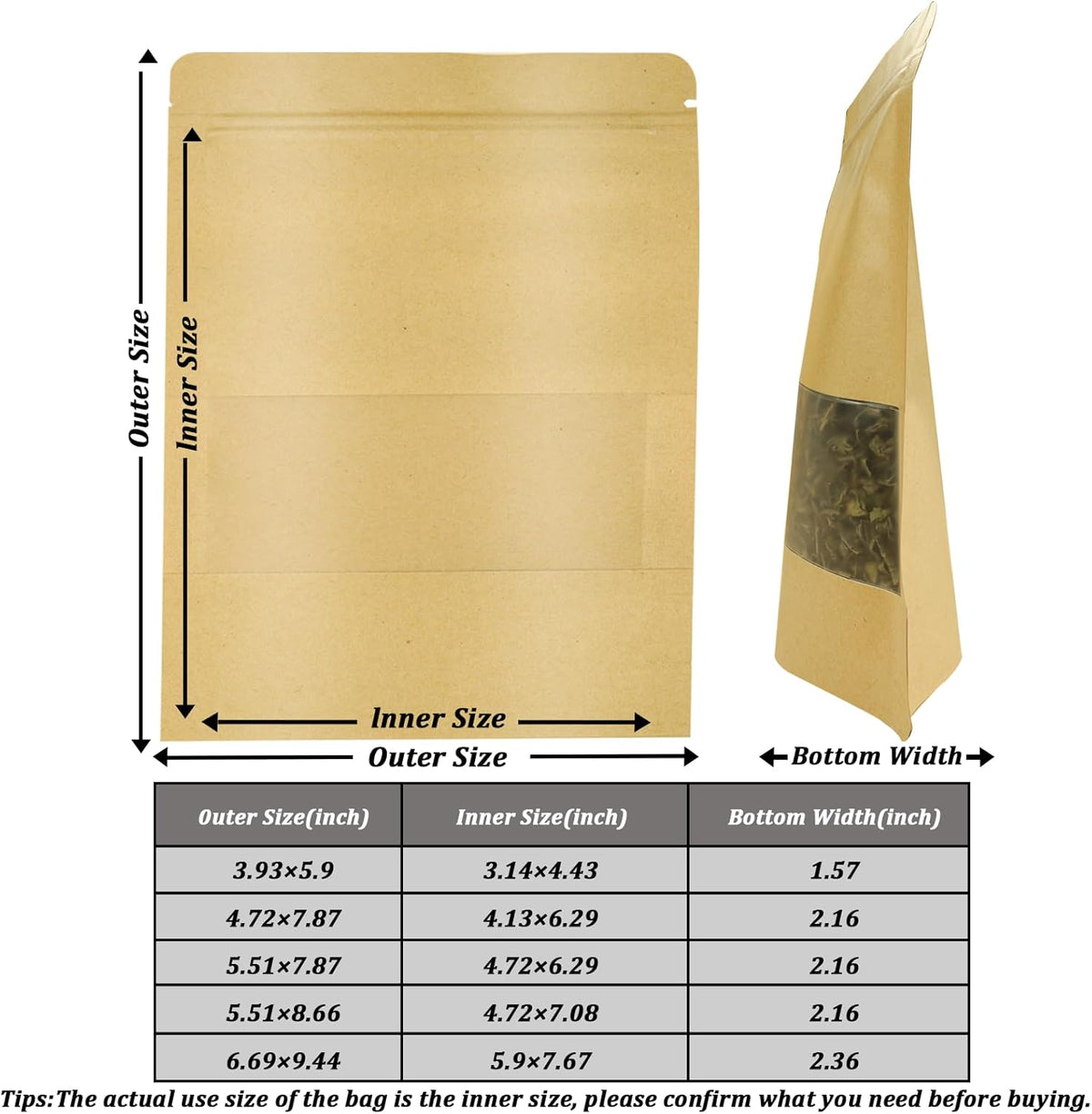 100 PCS Resealable Bags, Stand Up Kraft Paper Bags with Matte Window, Zipper Lock Food Storage Bags for Small Business and Home, 6.69 * 9.44 Inch Reusable Sealable Bags for Packaging