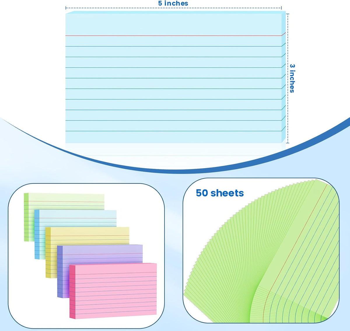 250 Count Index Cards 3x5 Inch 180gsm Heavy Weight Colored Flash Card (50 Sheets Each), Note Taking for Students, Teachers, Professionals, Study Note Cards for Office Home School