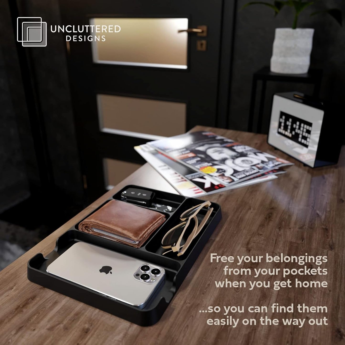 Pocket Deck Valet Tray (Black) for Men. Everyday Carry EDC Caddy Bamboo Organizer. Perfect for Night Stand, Bedside, Dresser, Desk, Office, Bedroom. with Phone Charger. Storage Slots for Wallet, Keys