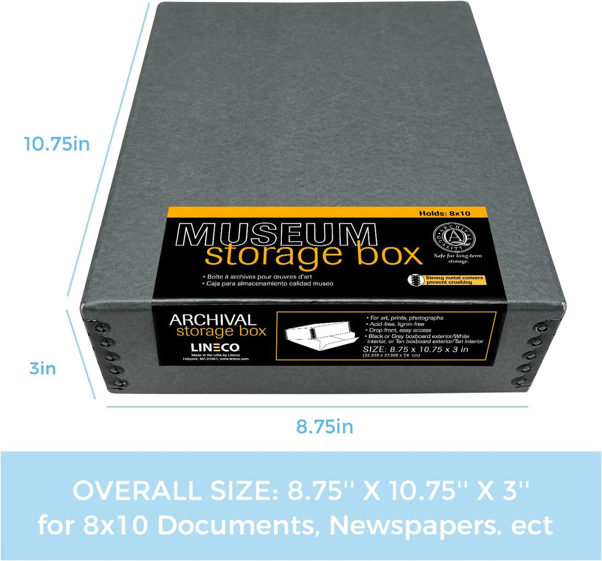 Lineco Museum Archival Storage Box, 8.75x10.75x3 in. Drop Front Design. Acid-Free with Metal Edge. Organize Photos, Pictures, Prints, Documents, Crafts, DIY. Gray, 2 Pack