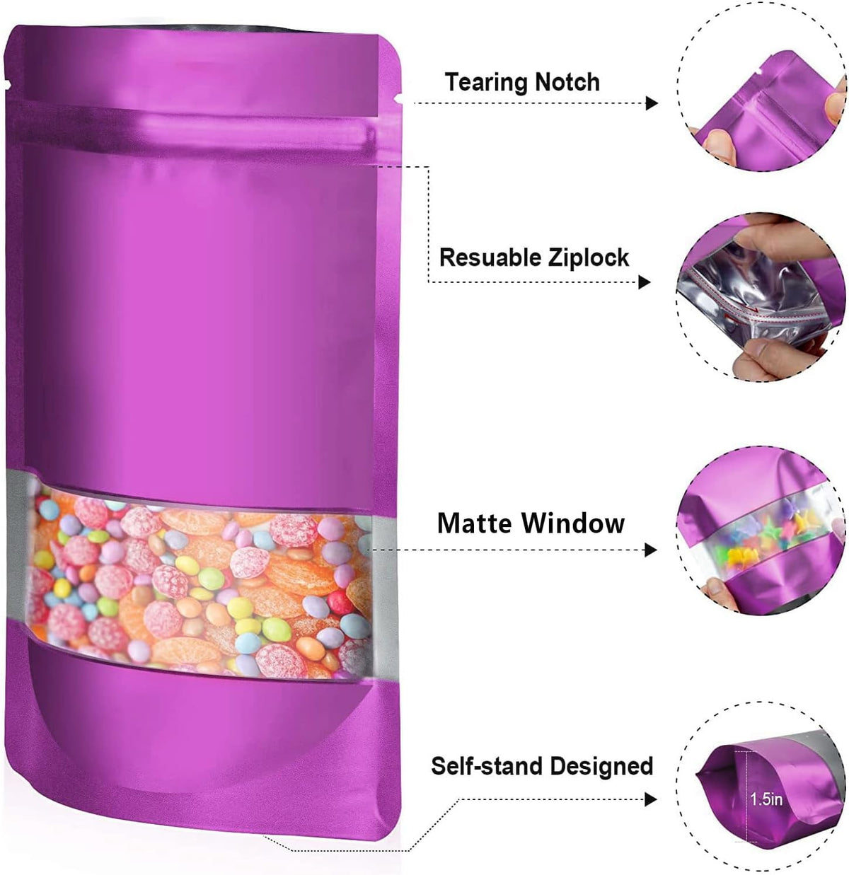 3.5"x5" 120pcs Mylar Bags for Food Storage,Smell Proof Bag with Matte Window Resealable Food Storage Bags for Small Business, Stand-up Foil Pouch Packaging Freeze Dried Candy Bag(Purple)