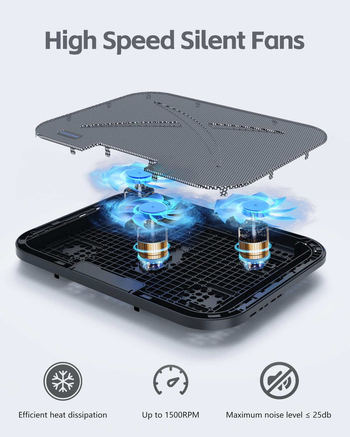 Laptop Cooling Pad, Laptop Cooler 3 Fans for 12-17 Inch Laptops, Height Adjustable Laptop Cooling Stand with 2 USB Port & Phone Holder