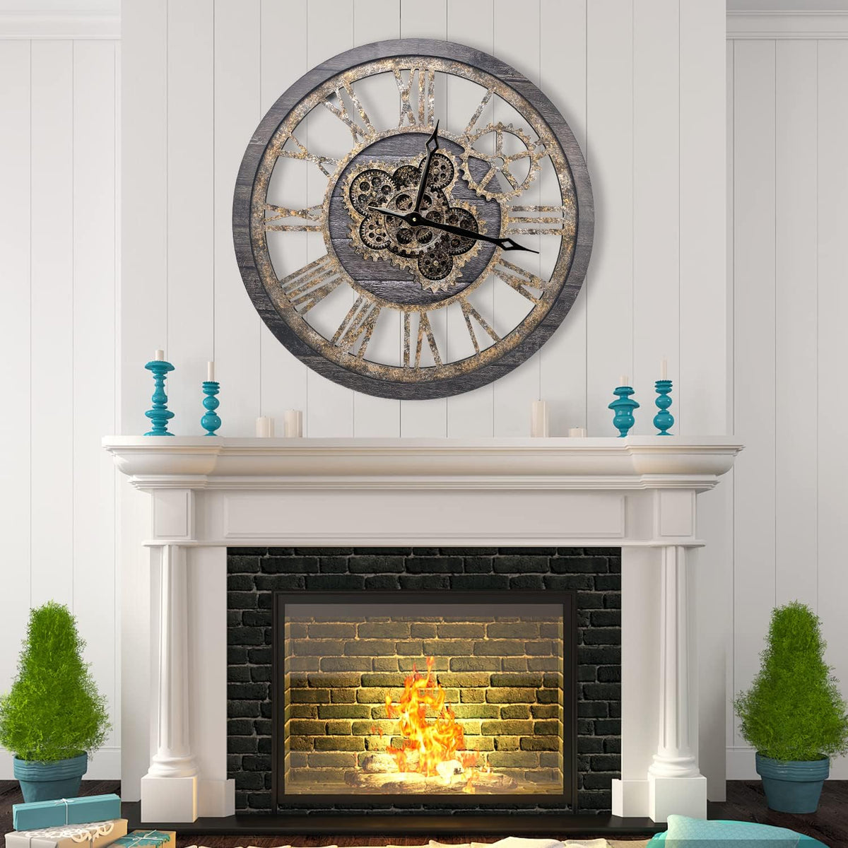 The B-Style Large Wall Clock 18 inch Moving Gear Wall Clock Oversized Vintage Farmhouse Wall Clocks for Living Room Decor Rustic Industrial Wood Clock (Carbon Gray)