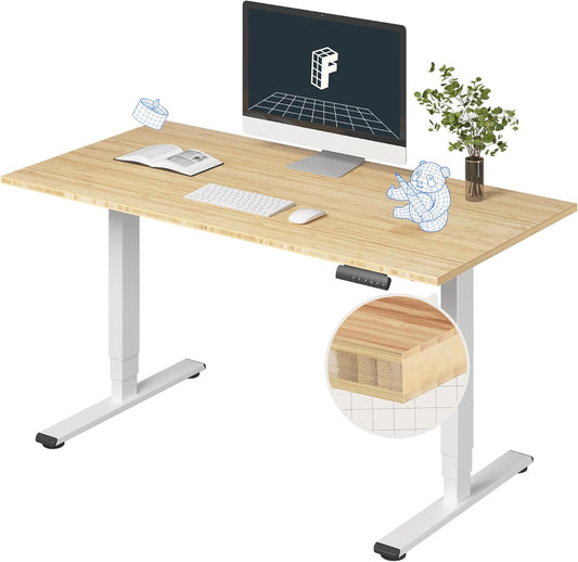 FLEXISPOT E6 Essential Bamboo 3 Stages Dual Motor 55x28 Inch Electric Height Adjustable Standing Whole-Piece Board Desk Sit Stand Up Desk (White Frame + Bamboo Desktop)